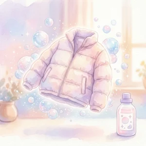 エマールでダウンジャケットを自宅で洗うイメージのやさしい水彩イラスト