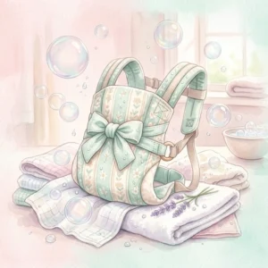 エルゴベビーの抱っこ紐をやさしく洗うイメージのパステルカラーイラスト