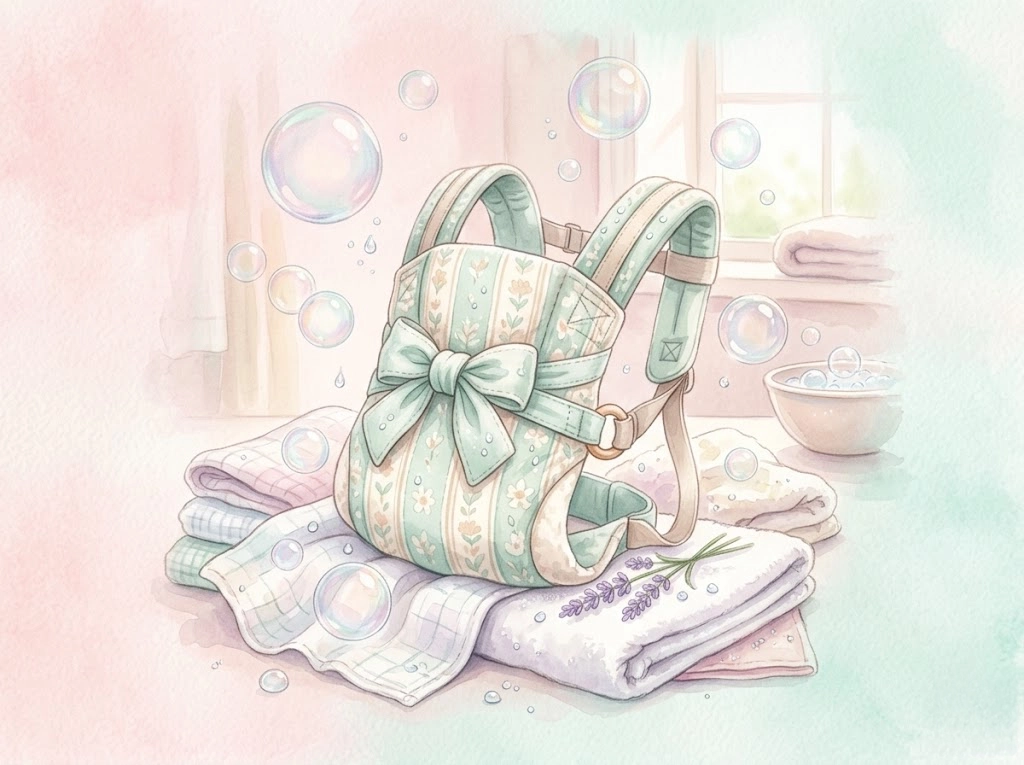 エルゴベビーの抱っこ紐をやさしく洗うイメージのパステルカラーイラスト