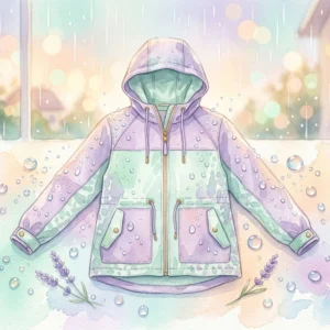 撥水機能が復活したレインウェアから水滴が弾かれている水彩イラスト