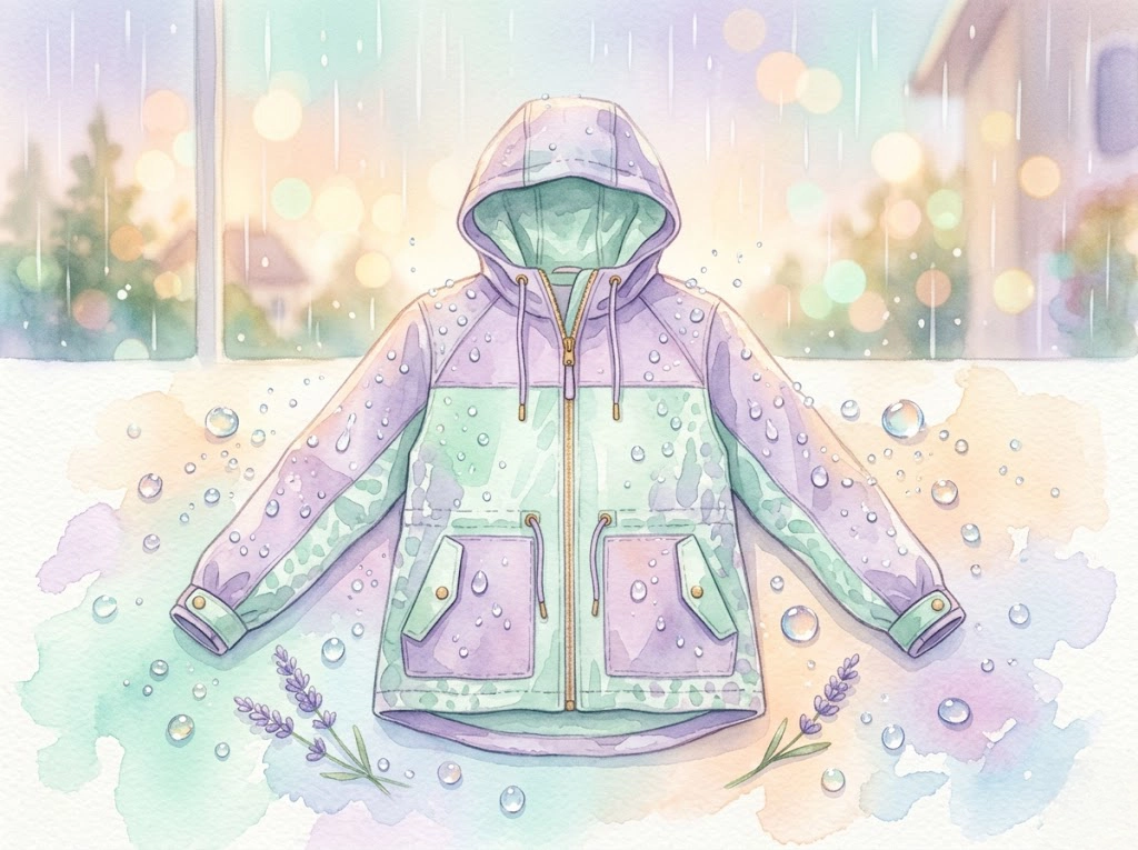 撥水機能が復活したレインウェアから水滴が弾かれている水彩イラスト