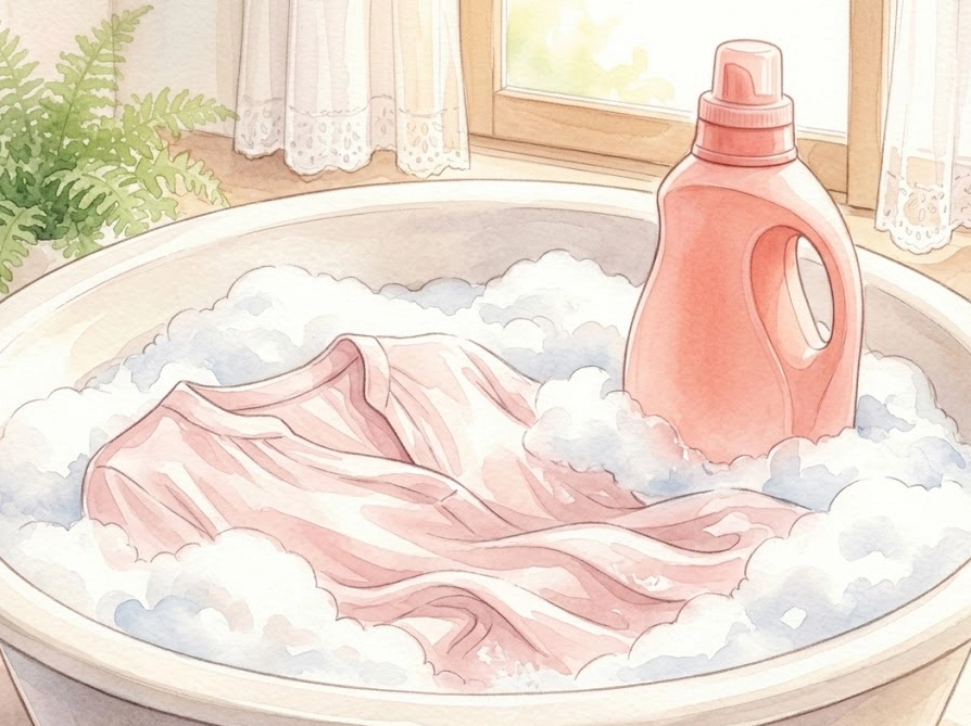 洗面器の中でエマールの細かな泡に包まれるキュプラ生地の優しいイラスト