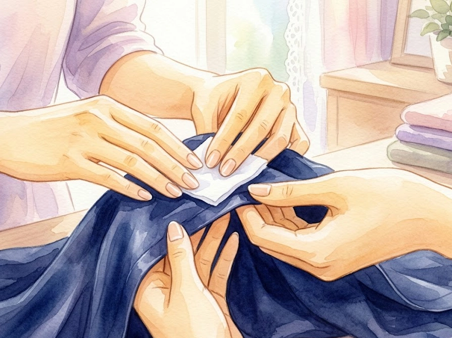 キュプラの裏地で色落ちテストを丁寧に行う様子のイラスト