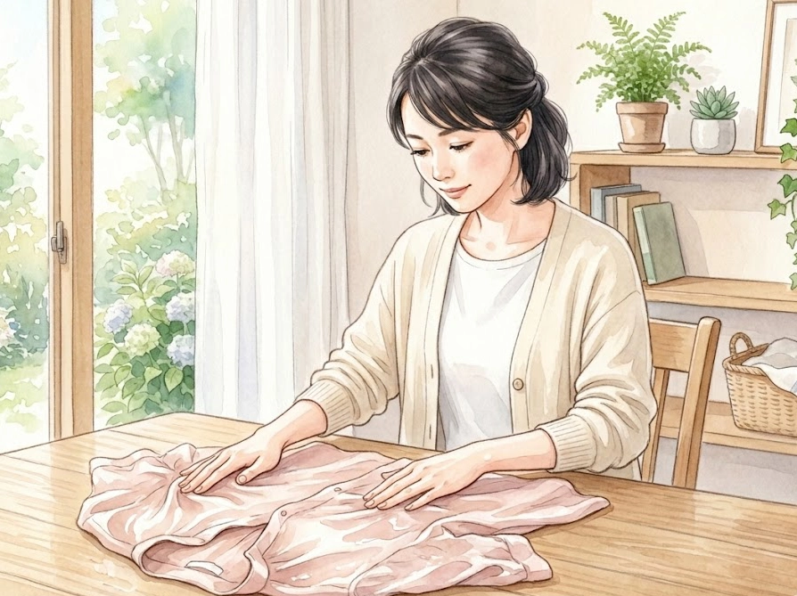 洗濯後のキュプラブラウスのシワを丁寧に手で伸ばす日本人女性のイラスト