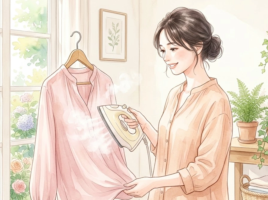 ハンガーにかけたキュプラの服にスチームアイロンを浮かせて当てるイラスト