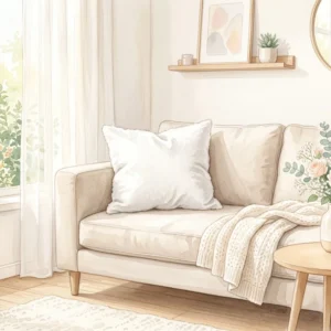 ふかふかに洗い上がったポリエステルクッションが明るいリビングのソファに置かれている水彩イラスト