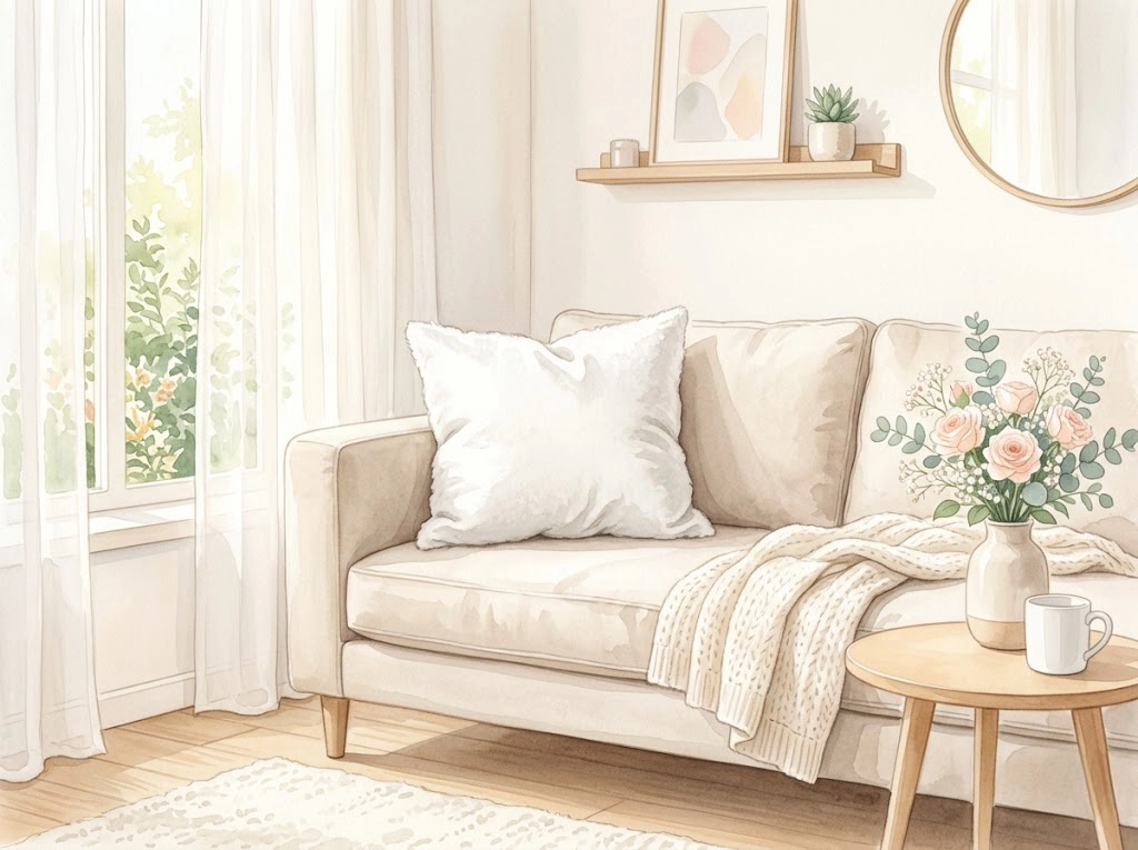 ふかふかに洗い上がったポリエステルクッションが明るいリビングのソファに置かれている水彩イラスト