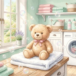 ふわふわのぬいぐるみと泡が浮かぶ明るいランドリールームのイラスト