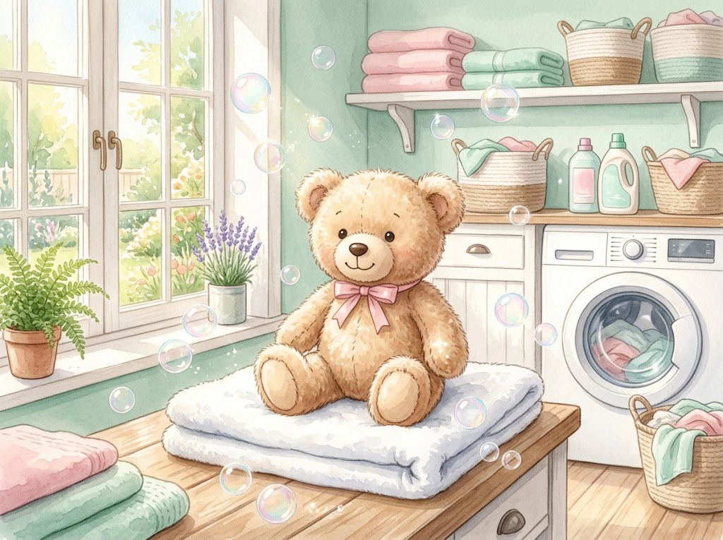 ふわふわのぬいぐるみと泡が浮かぶ明るいランドリールームのイラスト