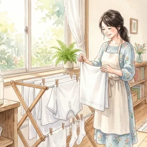 シャボン玉スノールで洗った洗濯物を部屋干しする女性のイラスト