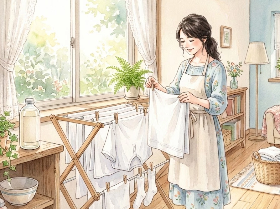 シャボン玉スノールで洗った洗濯物を部屋干しする女性のイラスト