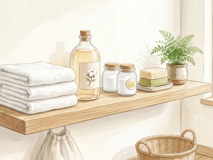 石けん洗濯に使う洗剤やクエン酸が並ぶ清潔なランドリー棚のイラスト