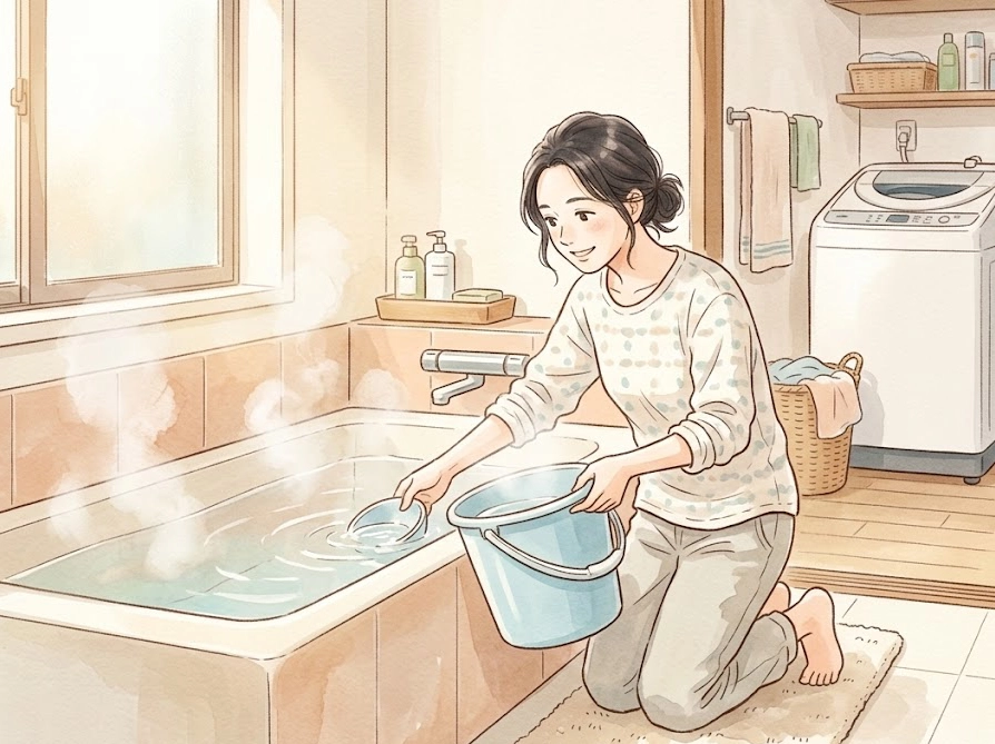 お風呂の残り湯を洗濯に活用する女性のイラスト・石けん洗濯のお湯温度