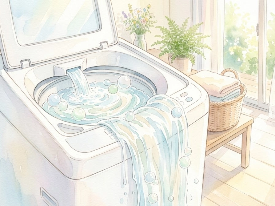 洗濯機の注水すすぎで石けんカスをしっかり洗い流すイラスト
