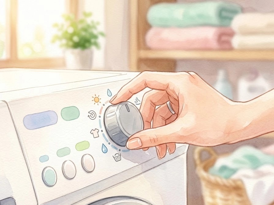 洗濯機の脱水時間を長めに設定する女性の手元イラスト・部屋干し対策