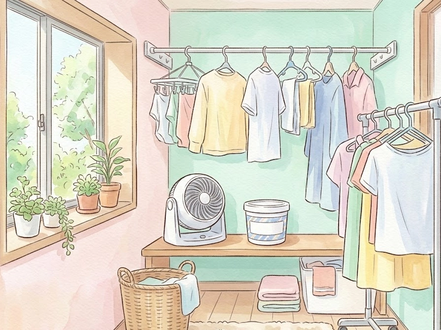 部屋干しに役立つサーキュレーターや酸素系漂白剤などのアイテムが並ぶイラスト