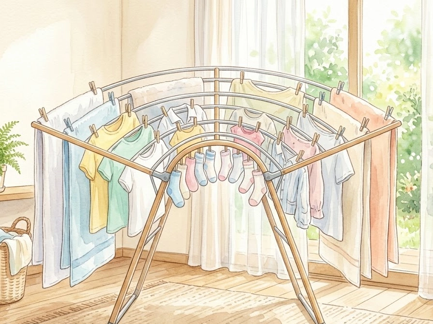 アーチ干しで洗濯物を効率よく乾かすコツを示したイラスト・部屋干し時短