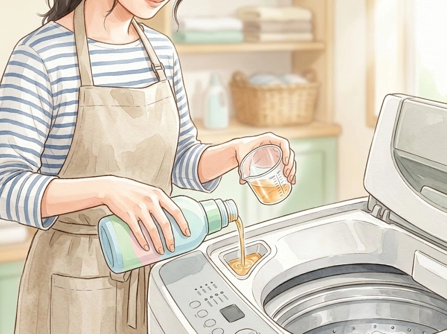 計量カップで洗剤の適正量を正確に測る女性の手元イラスト・石けん洗濯のコツ