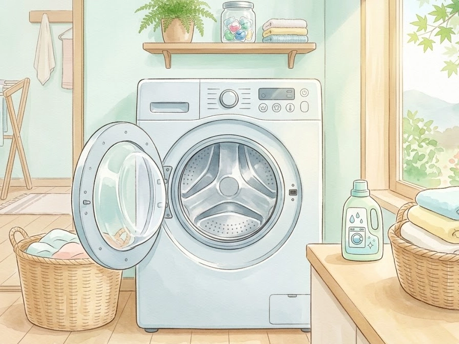 ドラム式洗濯機と槽洗浄クリーナーのイラスト・シャボン玉スノール部屋干し対策