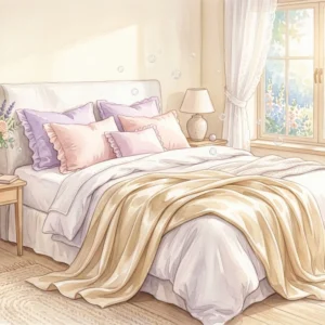 ふんわりとしたシルク毛布がベッドに広がるパステルカラーの水彩イラスト