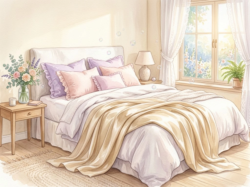 ふんわりとしたシルク毛布がベッドに広がるパステルカラーの水彩イラスト