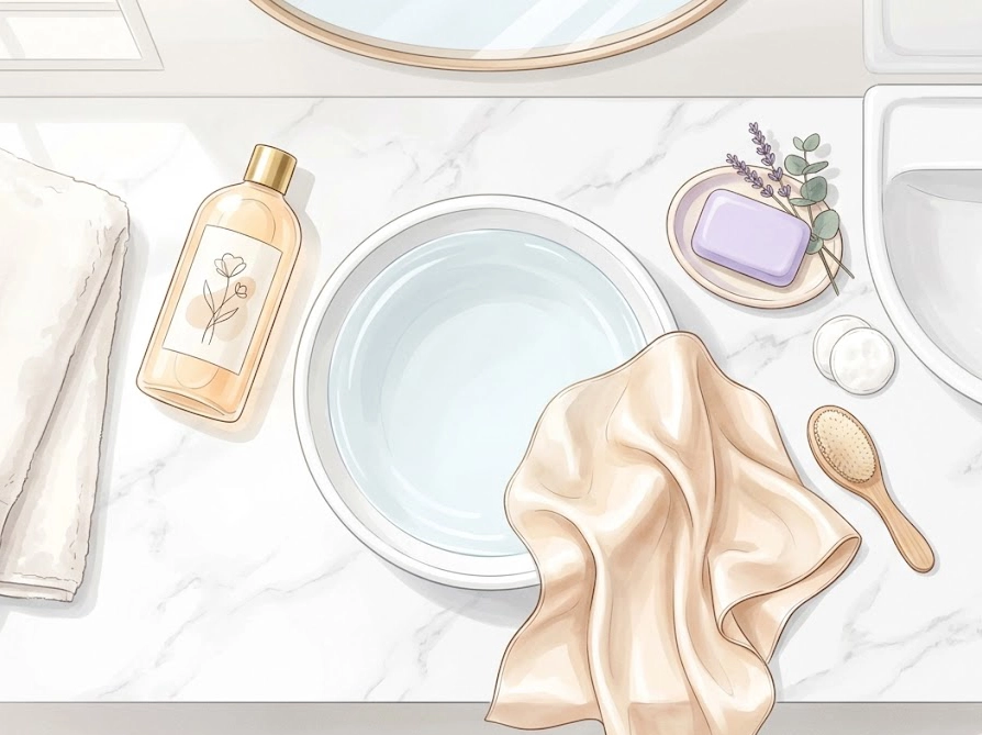 シルク毛布の洗濯に必要な中性洗剤やタオルが並ぶ清潔なバスルームの俯瞰イラスト
