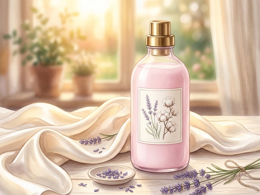 柔軟剤のボトルとふんわり広がるシルク生地を描いた柔らかなイラスト