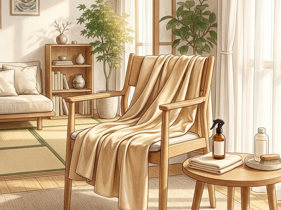 リビングに丁寧に掛けられたシルク毛布とお手入れ用品がある温かな部屋のイラスト