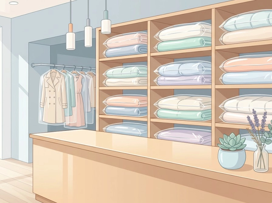 清潔感のあるクリーニング店のカウンターに毛布が並ぶ明るい店内イラスト