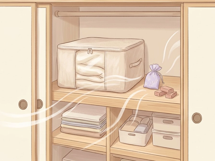 不織布ケースに入れたシルク毛布と防虫剤を押し入れの上段に収納したイラスト