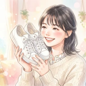 ウタマロスプレーで綺麗になったスニーカーを嬉しそうに持つ女性のイラスト