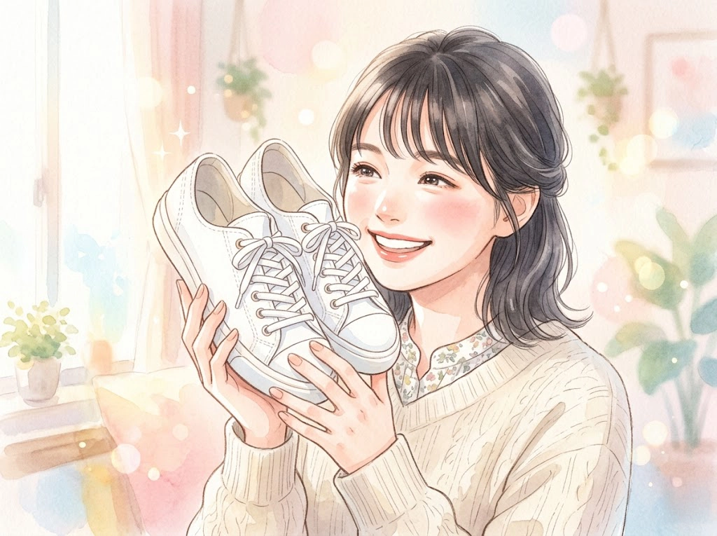 ウタマロスプレーで綺麗になったスニーカーを嬉しそうに持つ女性のイラスト