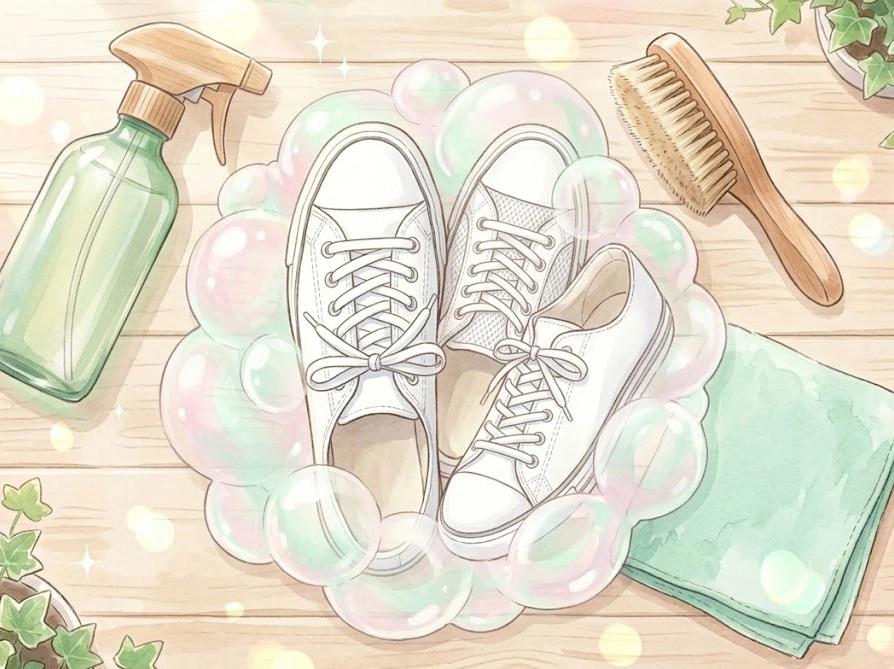 中性洗剤の泡がスニーカーの様々な素材を優しく包み込むイメージイラスト