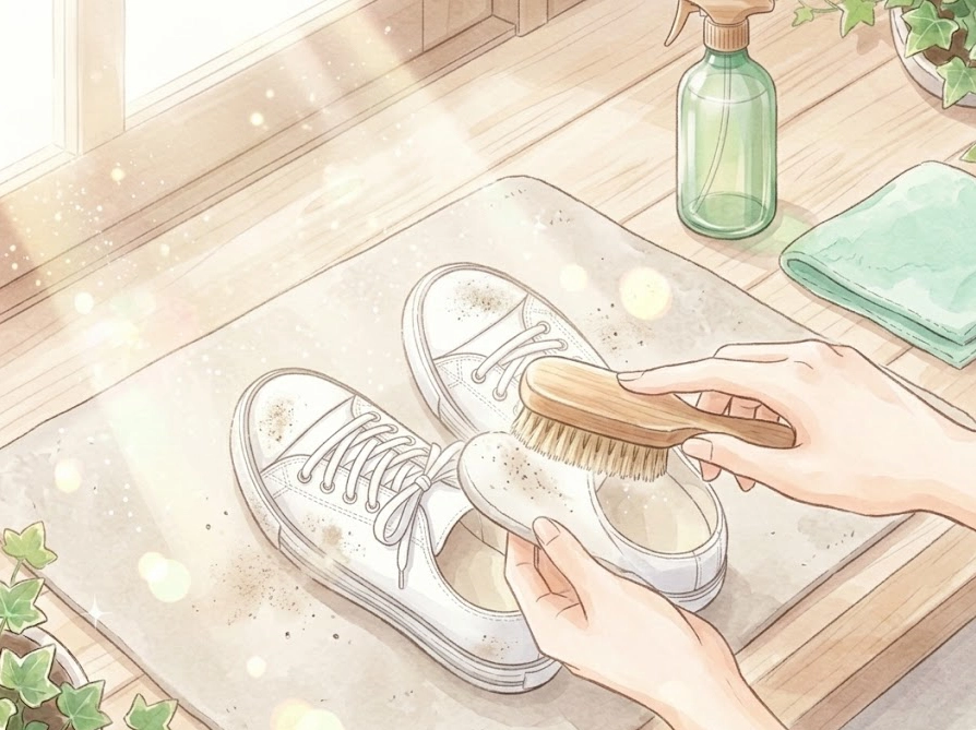 スニーカーを洗う前に乾いた状態でブラッシングして砂埃を落とす様子
