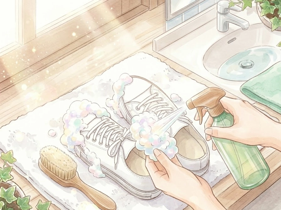 ウタマロスプレーの泡をスニーカーのつま先に吹きかけて洗浄する手順イラスト