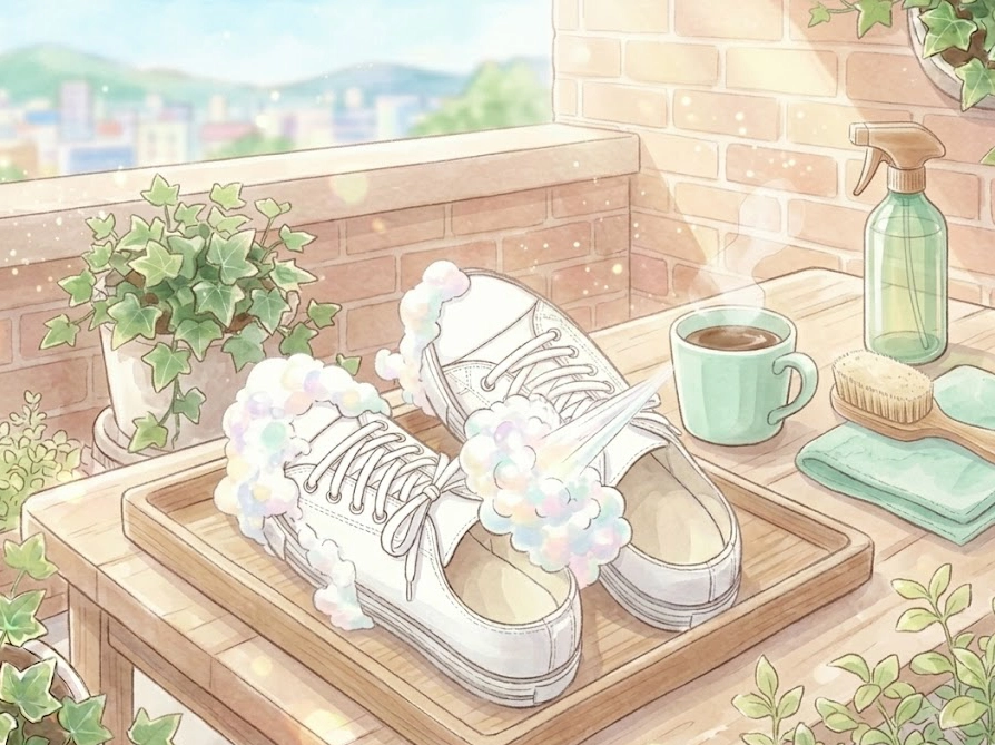 ウタマロスプレーの泡パック中にコーヒータイムを楽しむ余裕の洗濯シーン