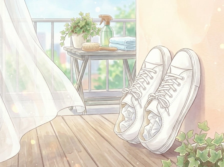 風通しの良い日陰で白い紙を詰めて乾かすスニーカーの正しい干し方