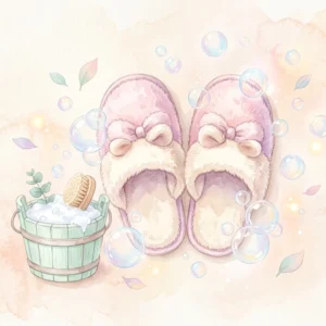 オキシクリーンの泡に囲まれた清潔なスリッパの水彩イラスト