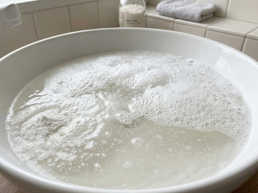 酸素系漂白剤の粉末がお湯に溶けてモコモコの泡が発生している様子