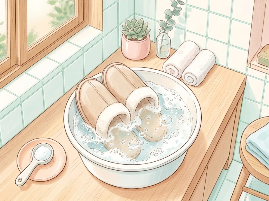 バケツのお湯にスリッパをつけおきしているオキシ漬けのイラスト