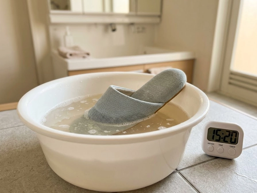 オキシ漬け中のスリッパとつけおき時間を計るキッチンタイマー