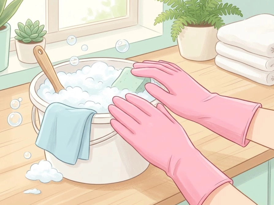 オキシクリーン使用時に手荒れを防ぐためのゴム手袋をはめた手元イラスト