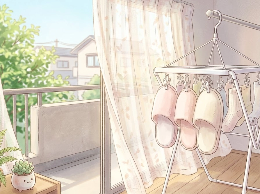 洗い上がったふわふわのスリッパを風通しの良い日陰で干しているイラスト