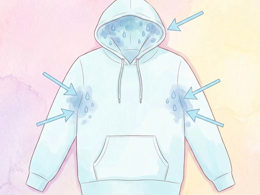パーカーのフード裏と脇の下に湿気が集中する箇所を示すイラスト