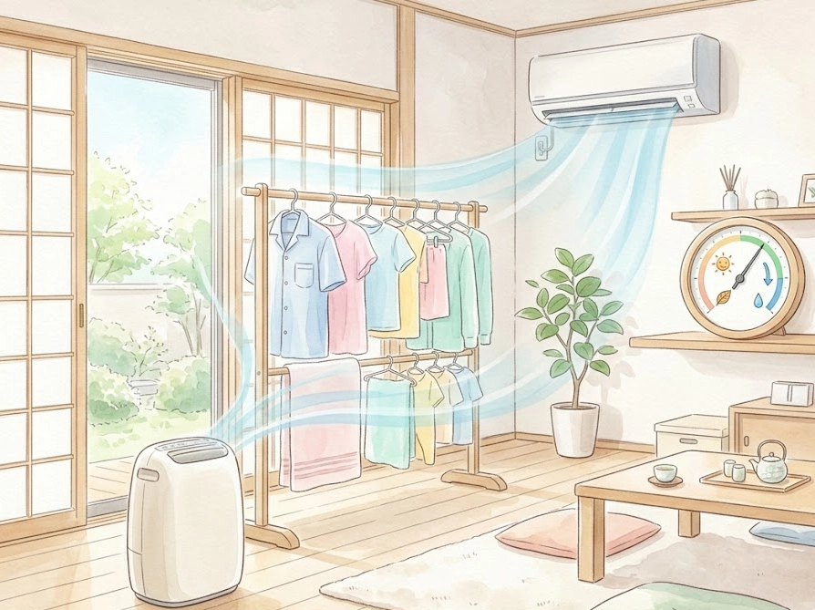 部屋干し時に除湿機やエアコンで湿度をコントロールしている室内イラスト