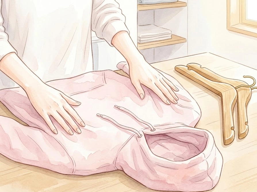 パーカーを干す前にシワを伸ばして形を整えている手元のイラスト