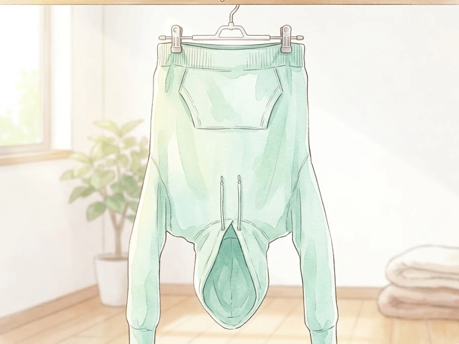 パーカーを逆さまにバンザイ干ししてフードと脇を全開にしたイラスト