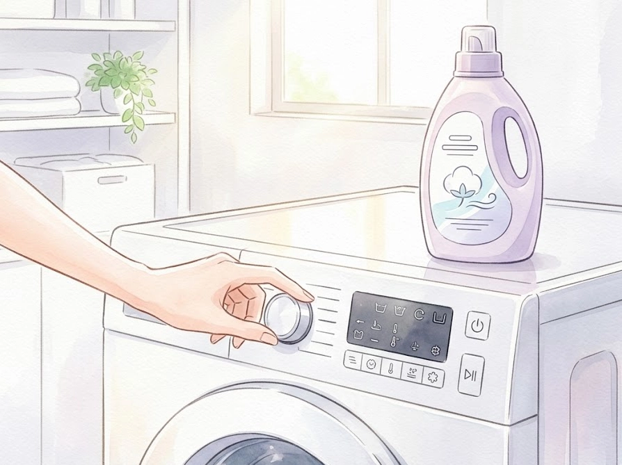 洗濯機の脱水時間を調整し部屋干し用洗剤を使う洗濯の様子イラスト