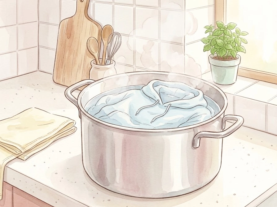 生乾き臭リセットのためにお湯でパーカーを煮沸洗いしているイラスト