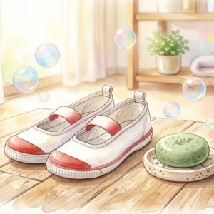 ウタマロ石鹸と白い上履きの水彩風イラスト